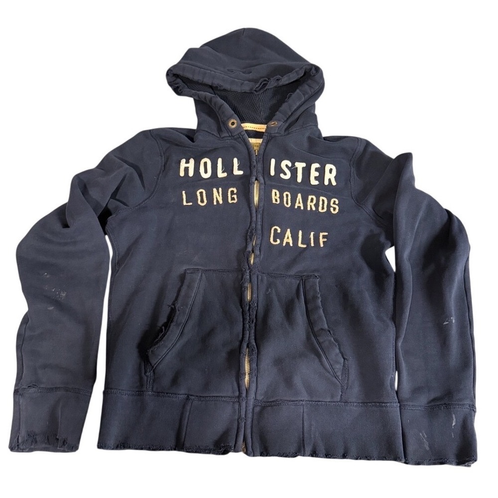 Hollister Long Boards Calif Navy Blue Full Zip Hoodie Mens Large Distressed L